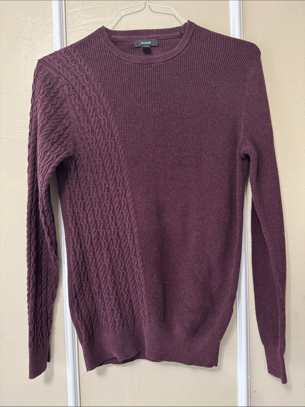 Alfani Men's Cable-Accent Crewneck Sweater in Wine